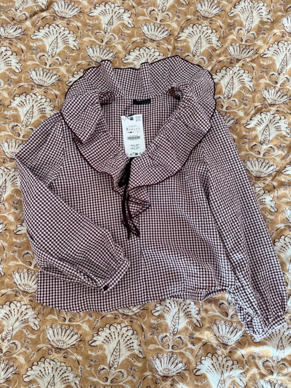 Zara Burgundy and White Gingham Ruffle Collar Blouse